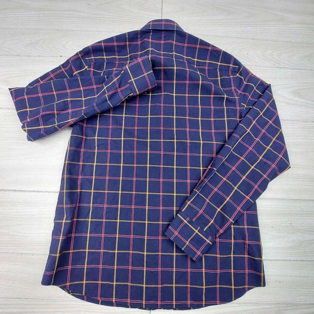 UNTUCKit Button Down Mens Large Navy Blue Red Yellow Plaid Slim Fit Wrinkle Free - Picture 3 of 6